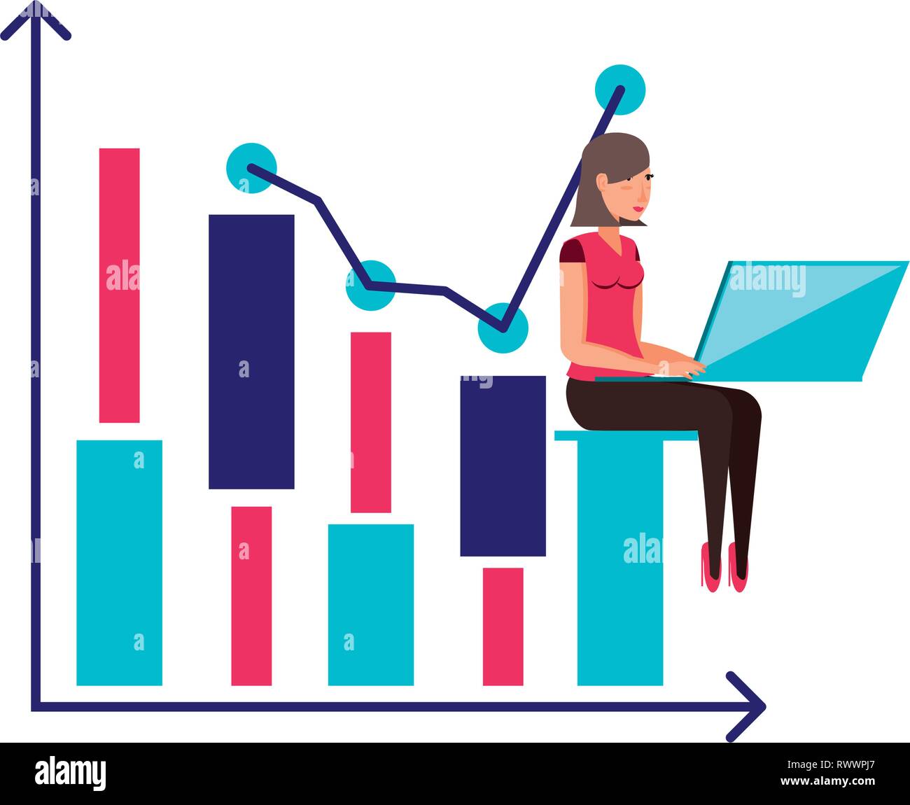 statistical graphics bars with young woman vector illustration design Stock Vector