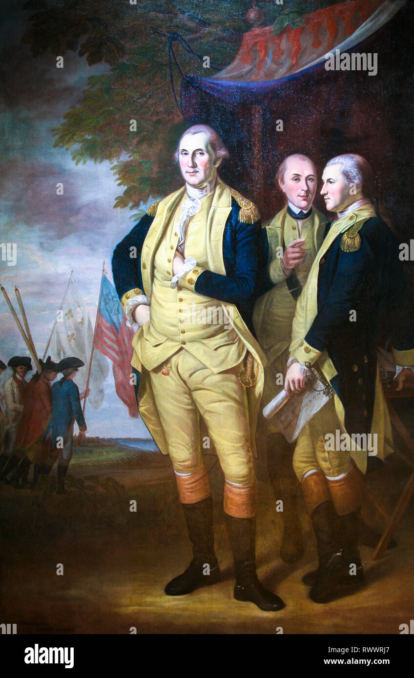 George Washington with Lafayette and Tench Tilghman at Yorktown, 1784 portrait painting by Charles Willson Peale Stock Photo