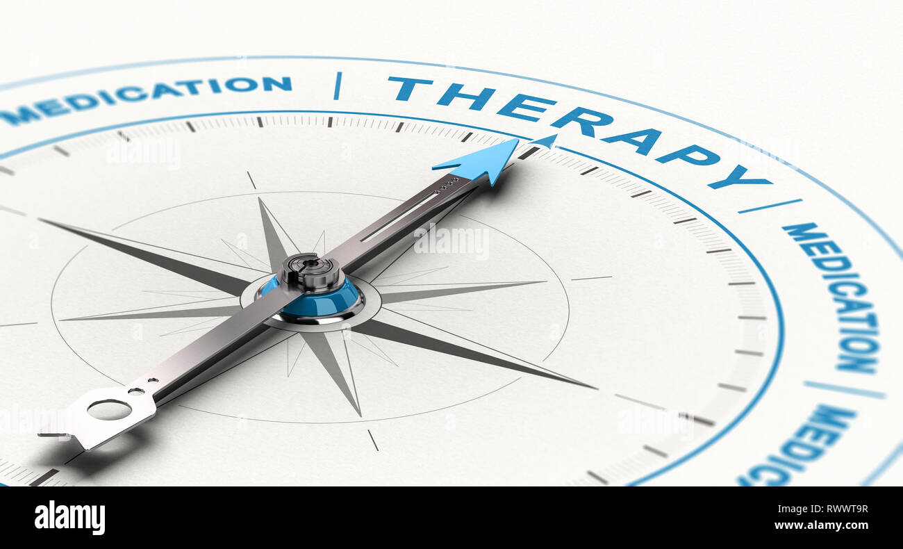 3D illustration of conceptual compass with needle pointing the word therapy instead of medication. Concept of complementary treatment for depression. Stock Photo