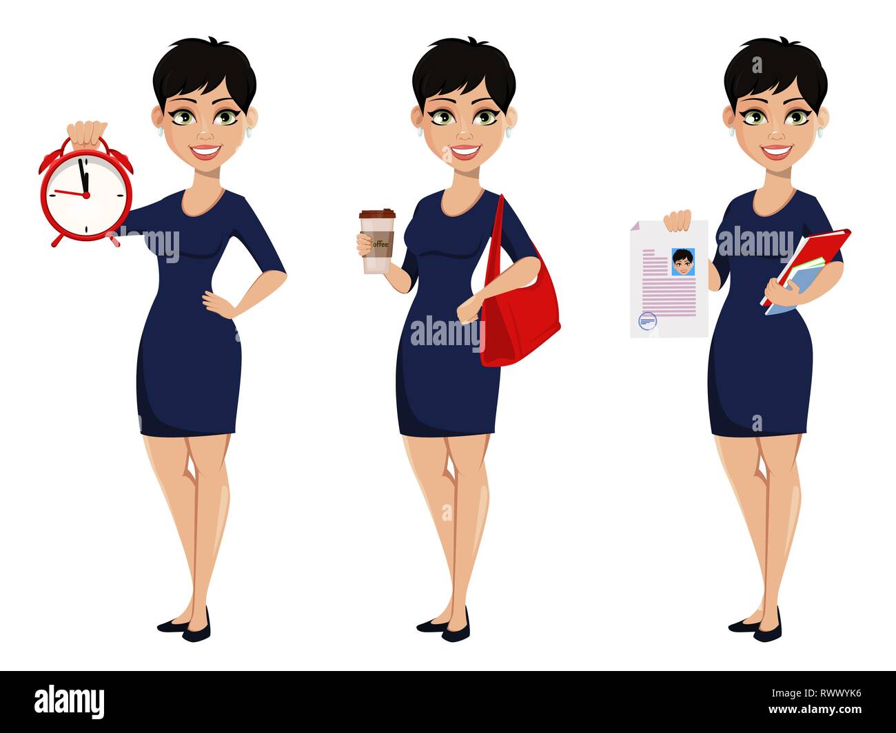 Happy modern business woman with short haircut, set of three poses.  Beautiful lady businesswoman cartoon character holding alarm clock, holding  coffee Stock Vector Image & Art - Alamy