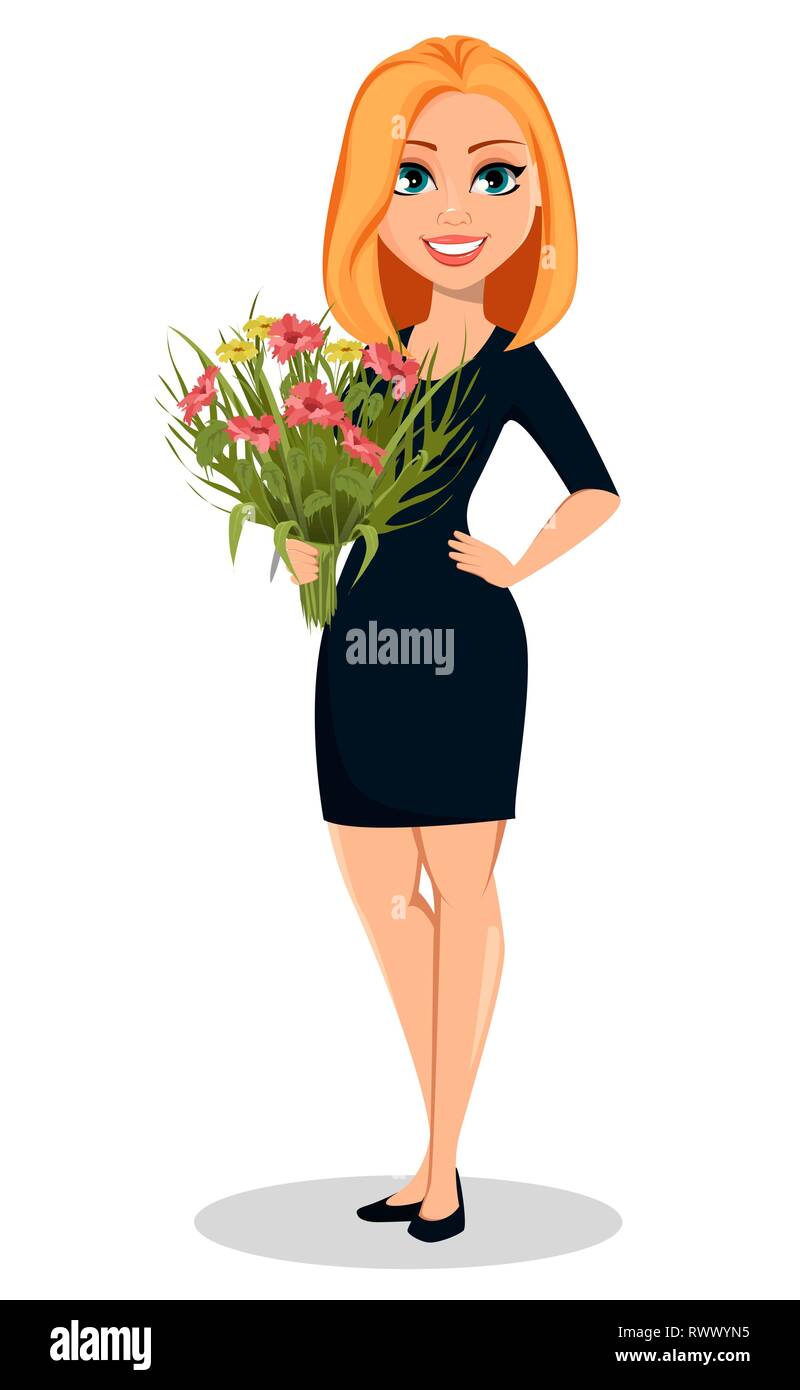 Mother's day. Happy attractive woman with a bouquet of flowers. Beautiful  lady cartoon character. Vector illustration on white background Stock  Vector Image & Art - Alamy