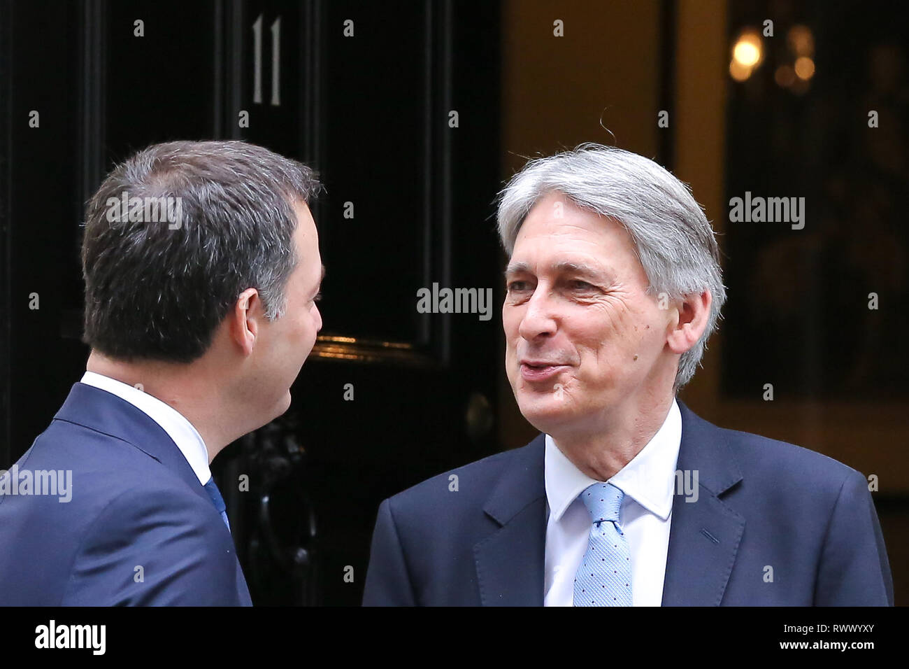 Alexander De Croo Deputy Prime Minister Of Belgium And Minister Of Finance And Development Cooperation Is Seen Speaking With Philip Hammond Chancellor Of The Exchequer Outside No 11 Downing Street Stock