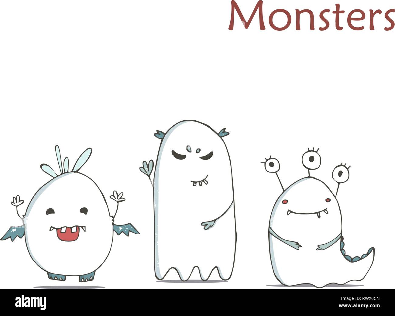 Set Of Cute Happy White Monster Hand Drawn Illustration Fluffy Cartoon Clip Art On White Background Stock Vector Image Art Alamy