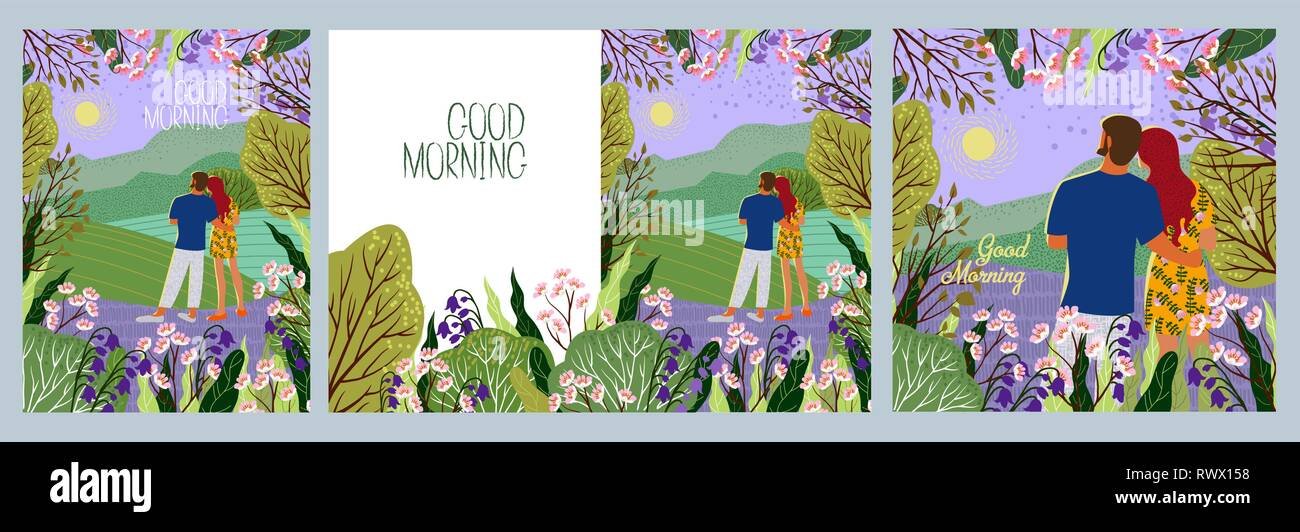 Good morning. Young couple meets new day. Sunrise, hills, flowers, trees, natural landscape in a trendy flat cute style. Set of Vector illustration Stock Vector
