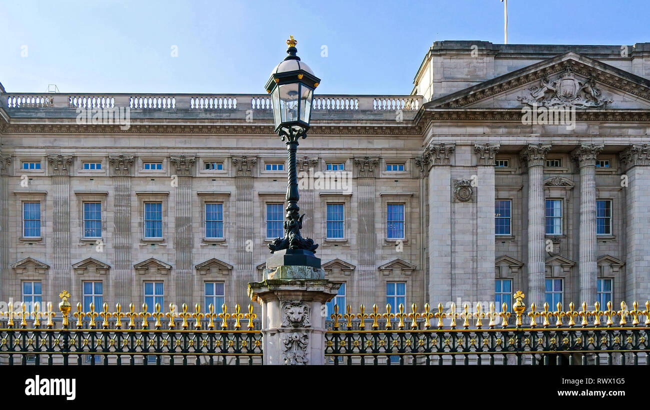 The beautiful Buckingham Palace from outside. Buckingham Palace is the London residence and principal workplace of the monarchy of the United Kingdom. Stock Photo
