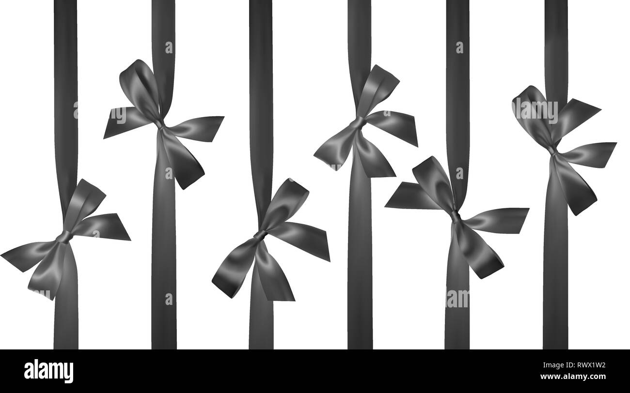 Realistic black bow with vertical black ribbons isolated on white ...