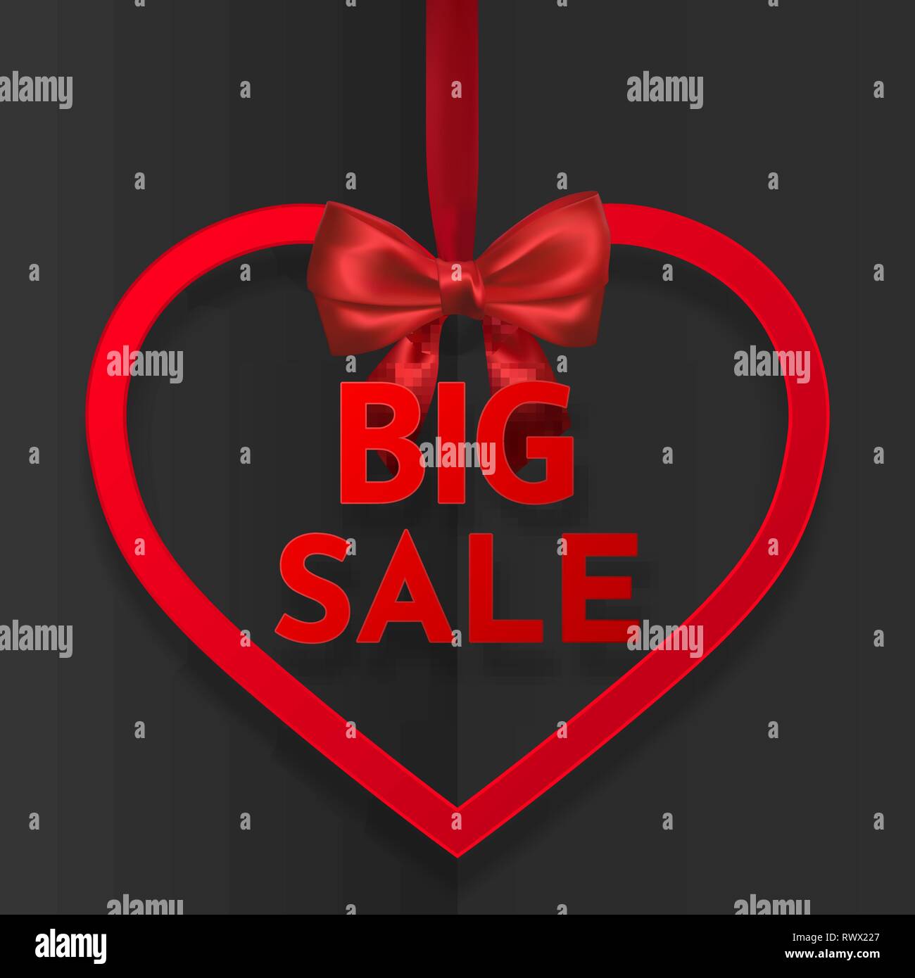 Big sale. Bright holiday heart frame banner hanging with red ribbon and silky bow on dark background. Vector illustration. Stock Vector