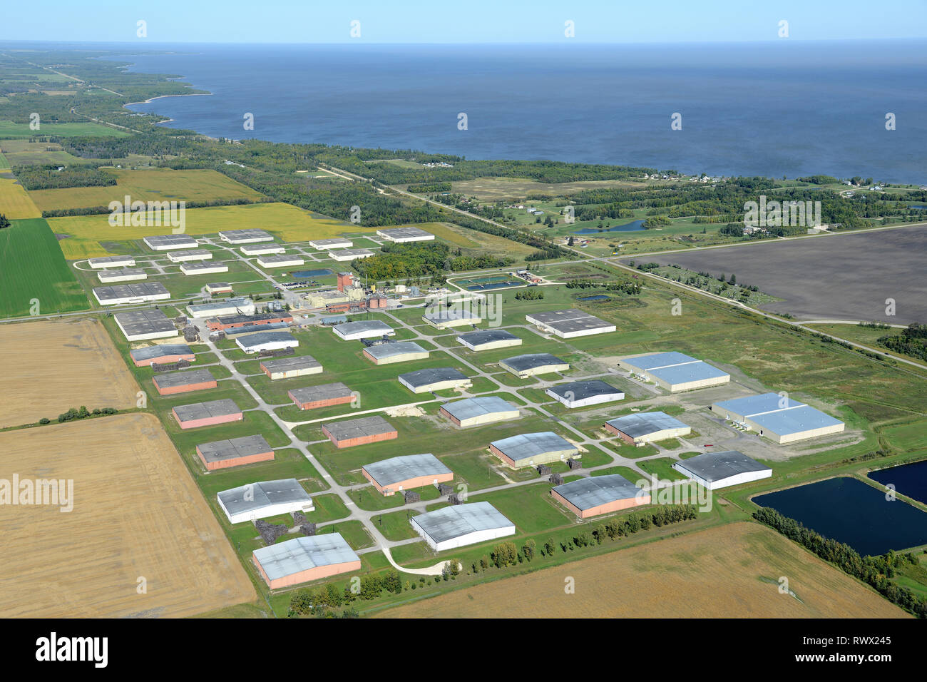 aerial, Diageo (Crown Royal) distillery, Gimli, Manitoba Stock Photo