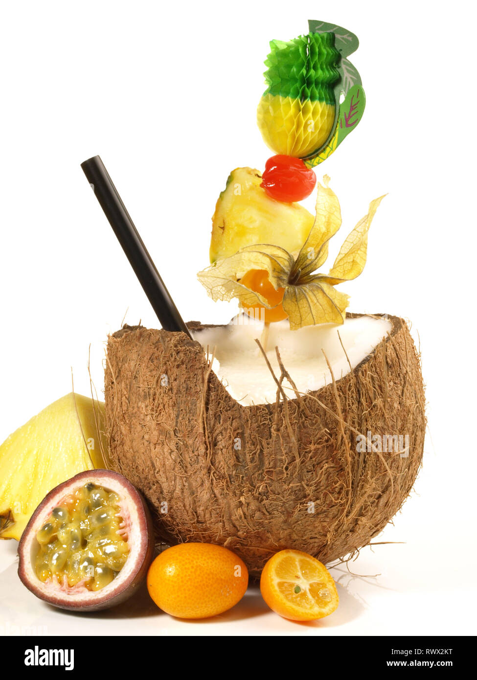 Pina Colada In A Coconut Cocktail On White Background Stock Photo Alamy