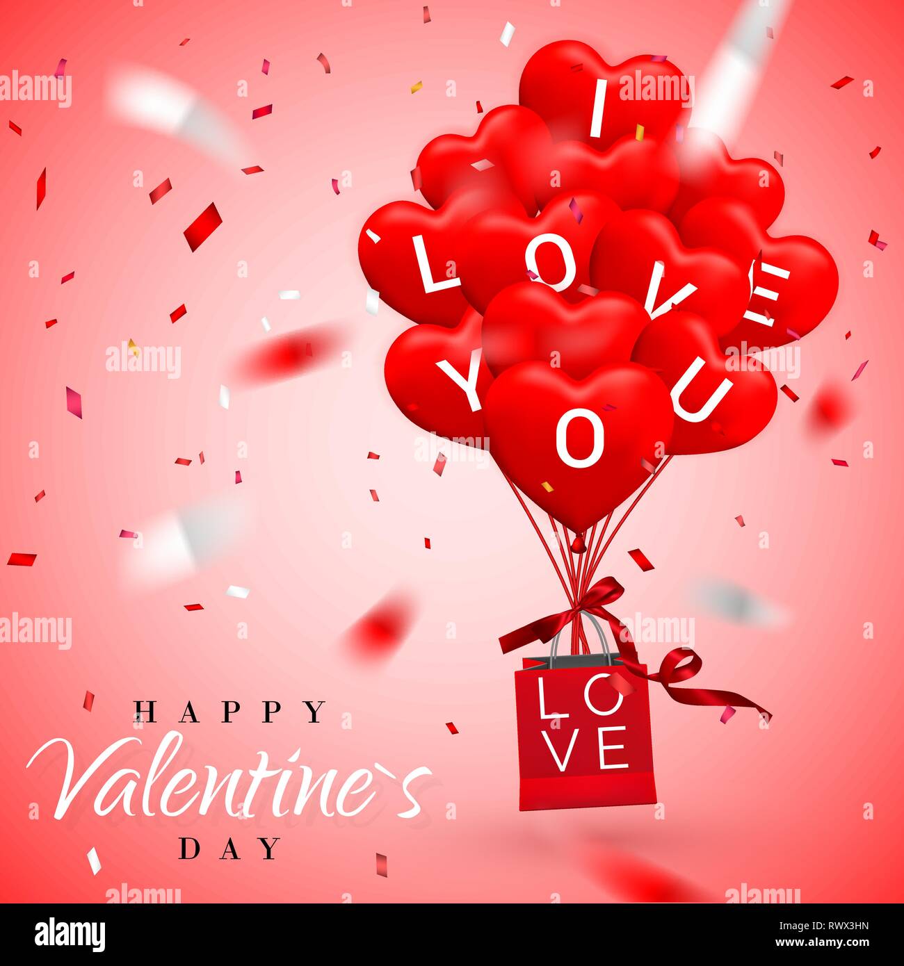 Happy Valentines Day background, red balloon in form of heart with bow ...