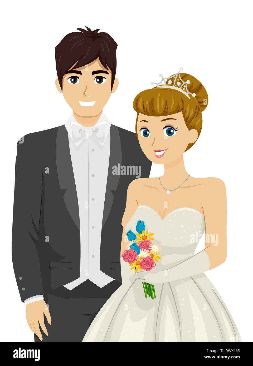 Illustration of Teenage Girl and Guy Wearing Formal Clothes and Holding Bouquet as Debutant Stock Photo