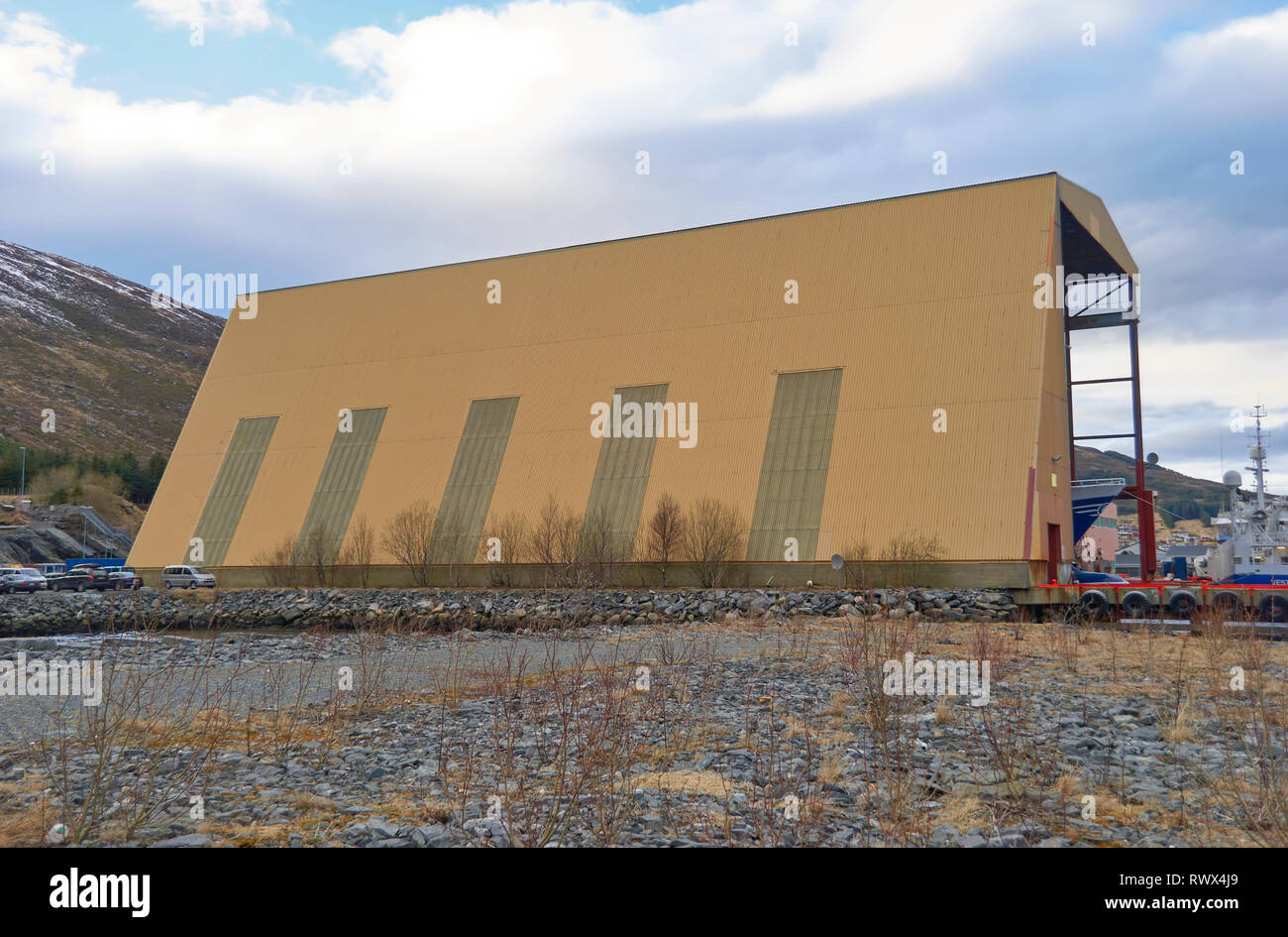 The Sea Hangar at the Batbygg Shipyard, that allows work to continue on Vessels in inclement weather conditions in Winter. Maloy, Norway. Stock Photo