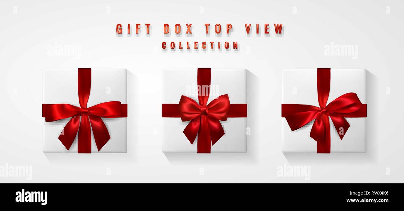 Set White Gift Box With Red Bow And Ribbon Top View Element For