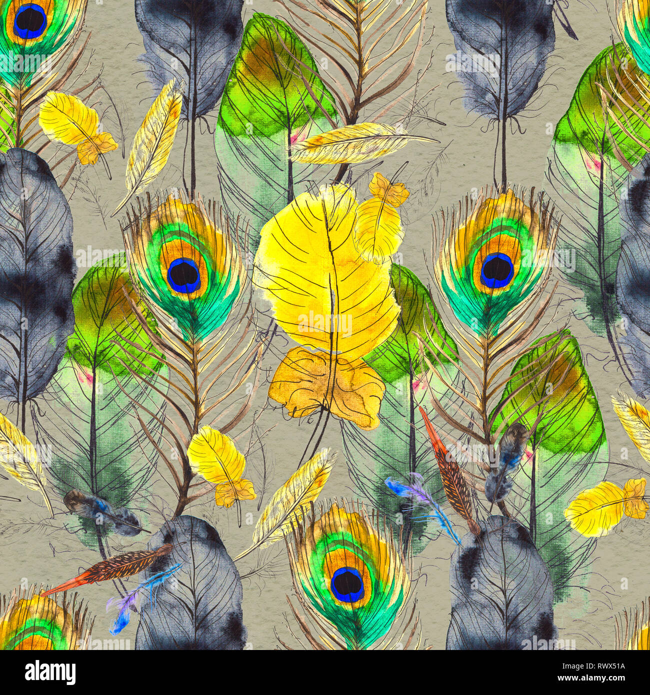Watercolor seamless pattern. Hand painted texture with various multicolor feathers. Stock Photo