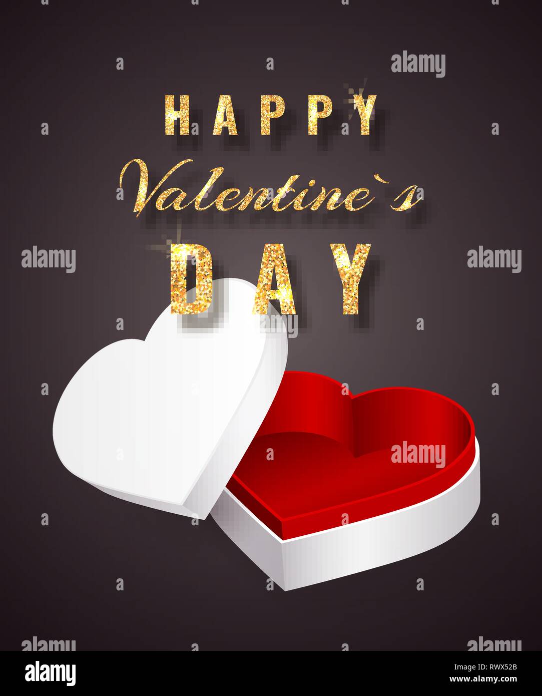 Happy Valentines Day Golden Glitter Sparkle Gift Box With Bow And