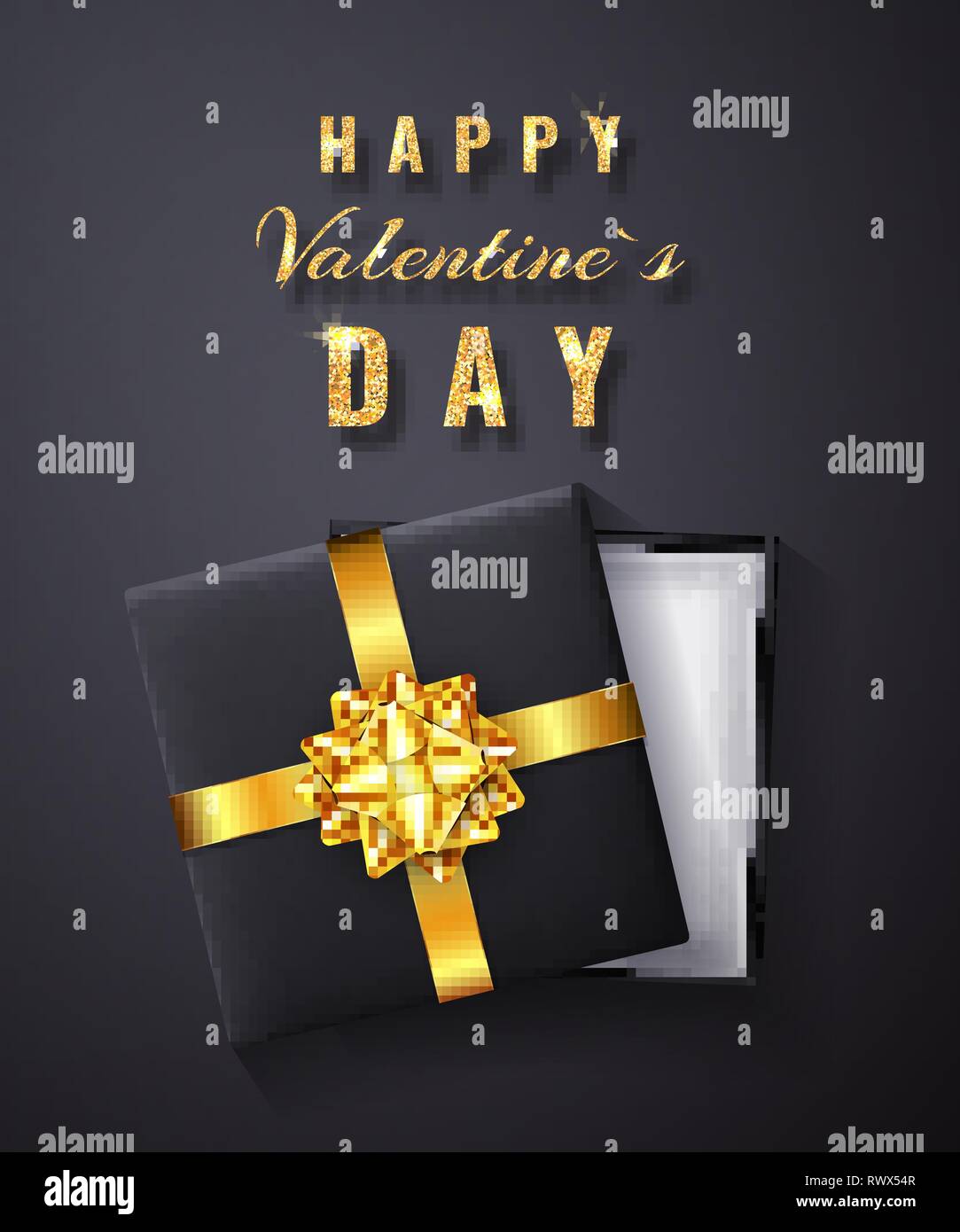 Happy Valentines Day Golden glitter sparkle. Gift box with bow and ribbon top view. Element for