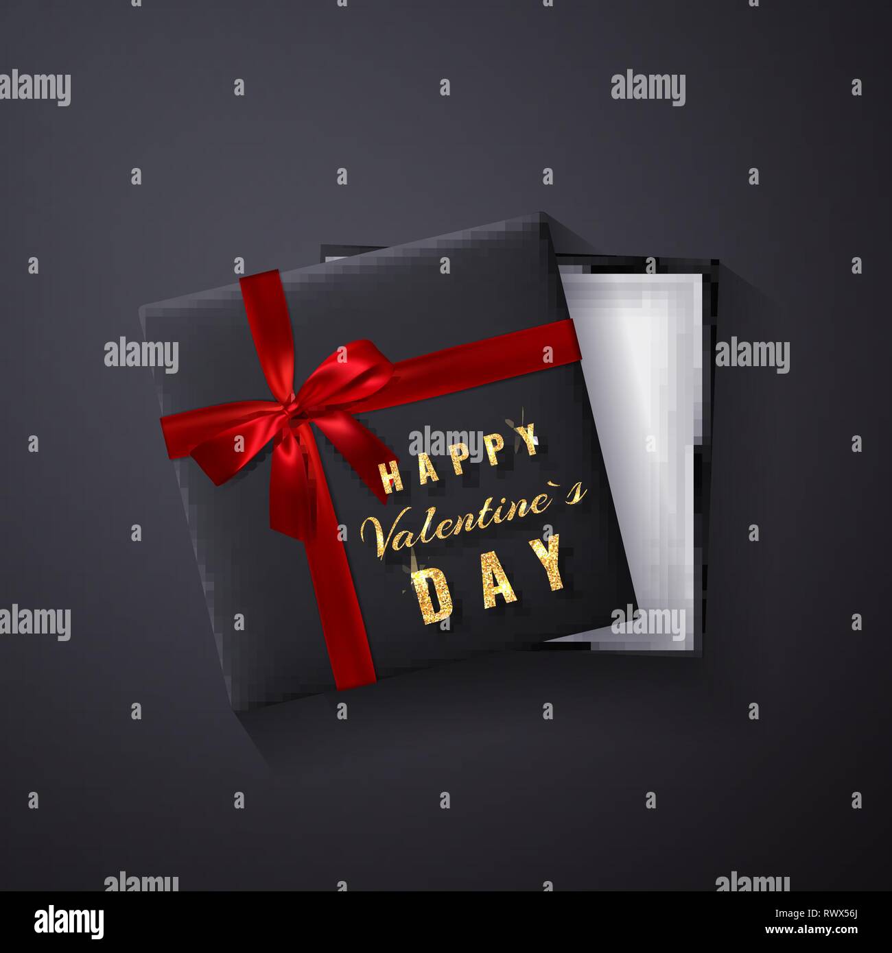 Happy Valentines Day Golden glitter sparkle. Gift box with bow and ribbon top view. Element for