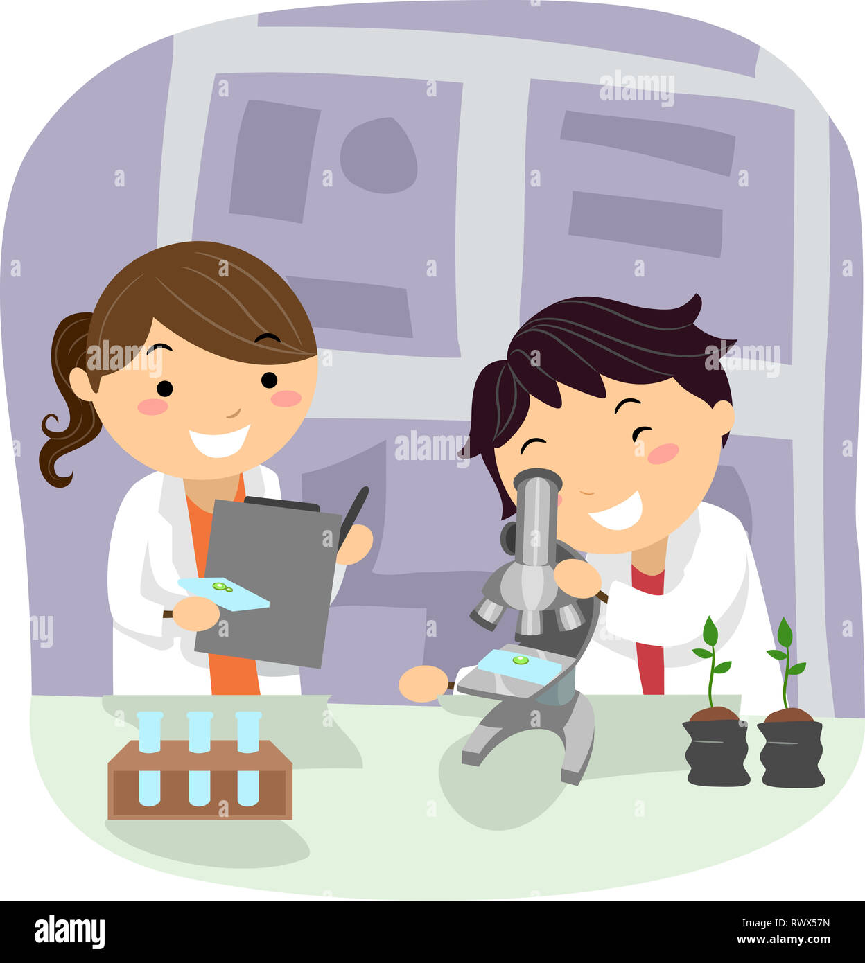 Illustration of Stickman Kids Botanist Conducting an Experiment with Seedlings at the Lab Stock Photo