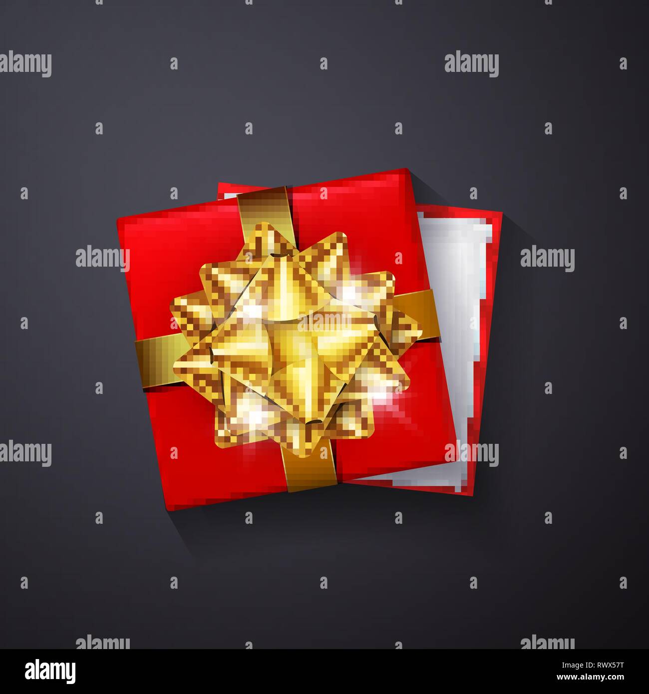 Happy Valentines Day Golden glitter sparkle. Gift box with bow and ribbon top view. Element for