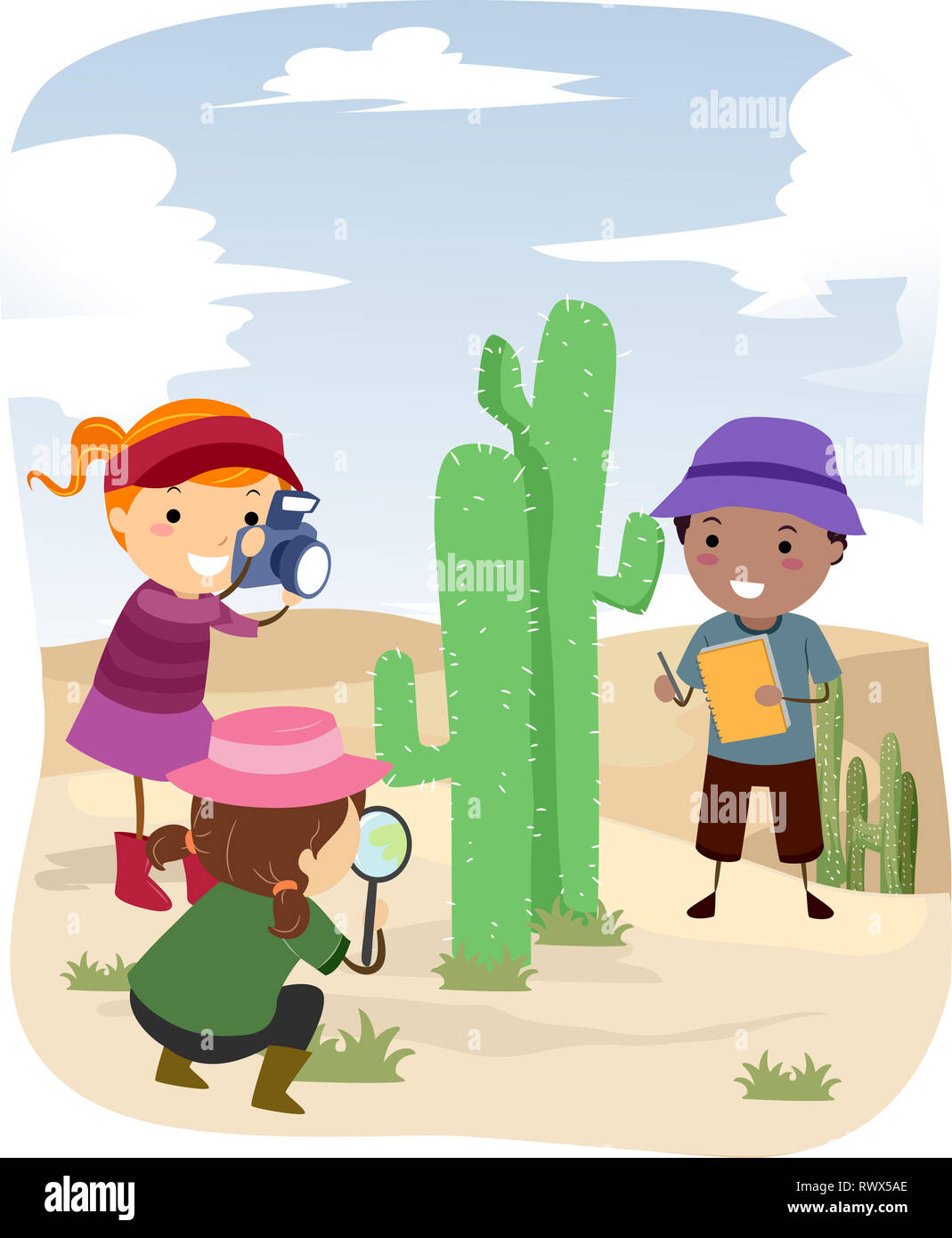 Illustration of Stickman Kids Using Magnifying Glass and Taking Photos and Notes, Observing a Cactus Plant at the Desert Stock Photo