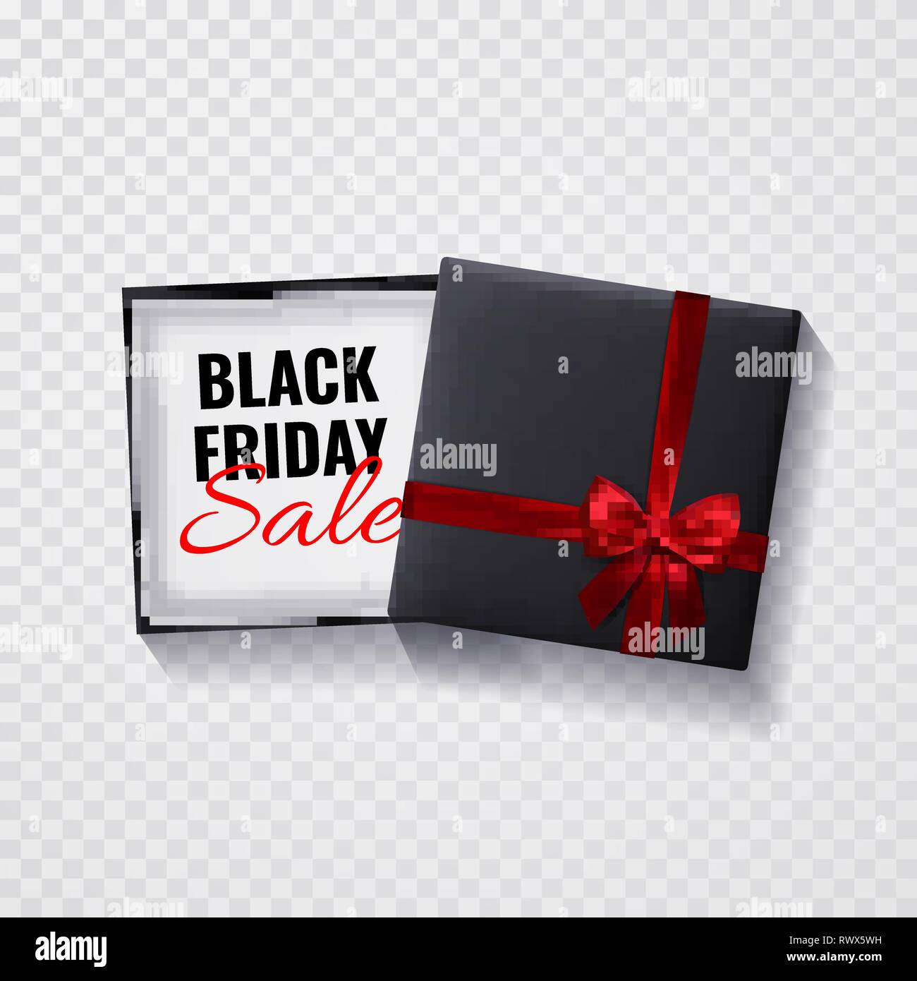 Black Friday Sale.Open Black Gift box with red bow and ribbon top view