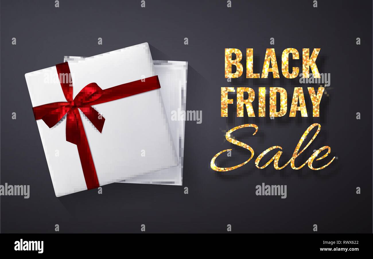 Black Friday Sale Golden glitter sparkle.Open white Gift box red gold