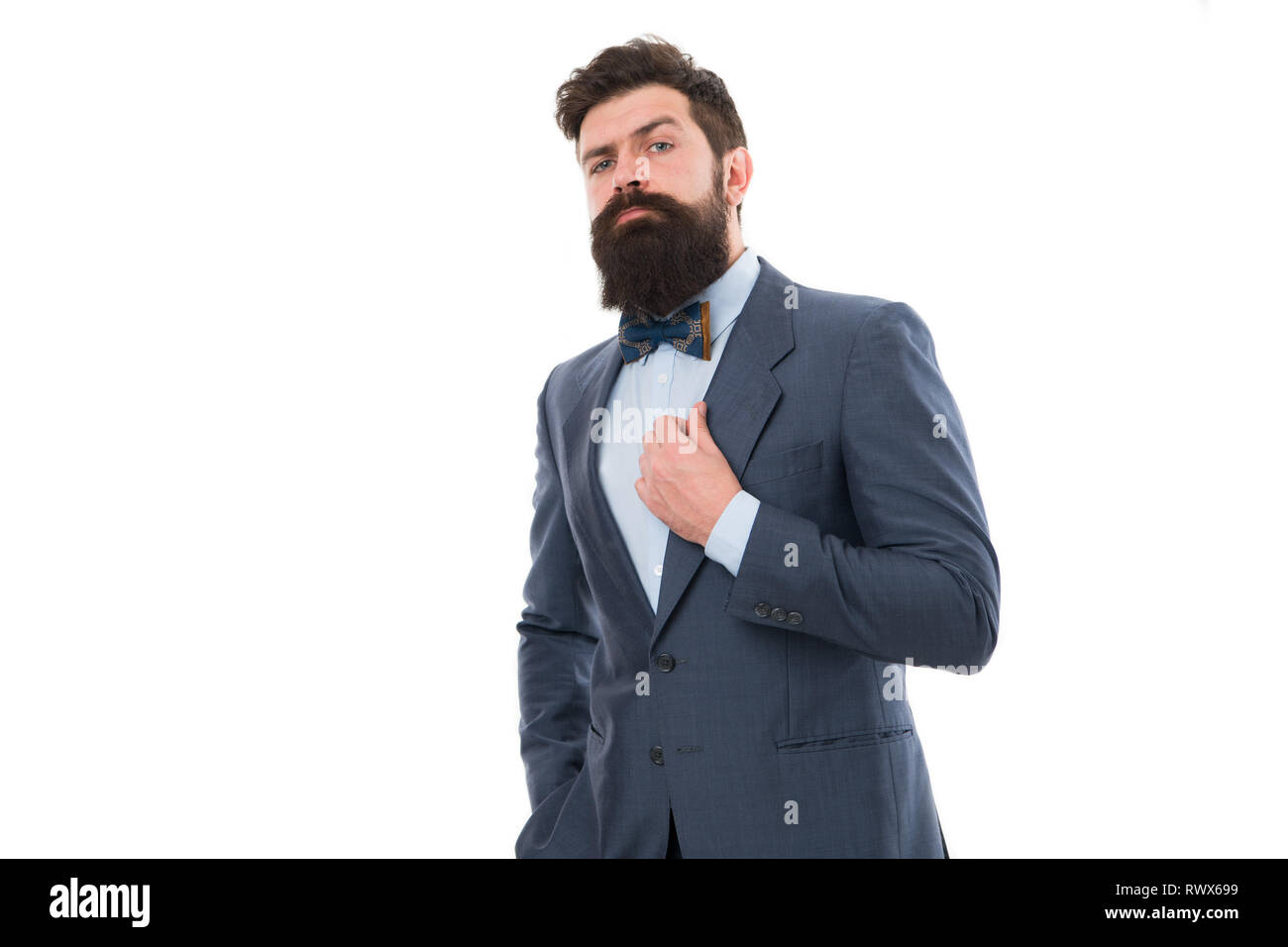 Businessman or host fashionable outfit isolated white. Fashion concept.  Classy style. Man bearded hipster wear classic suit outfit. Formal outfit.  Take good care of suit. Elegancy and male style Stock Photo -