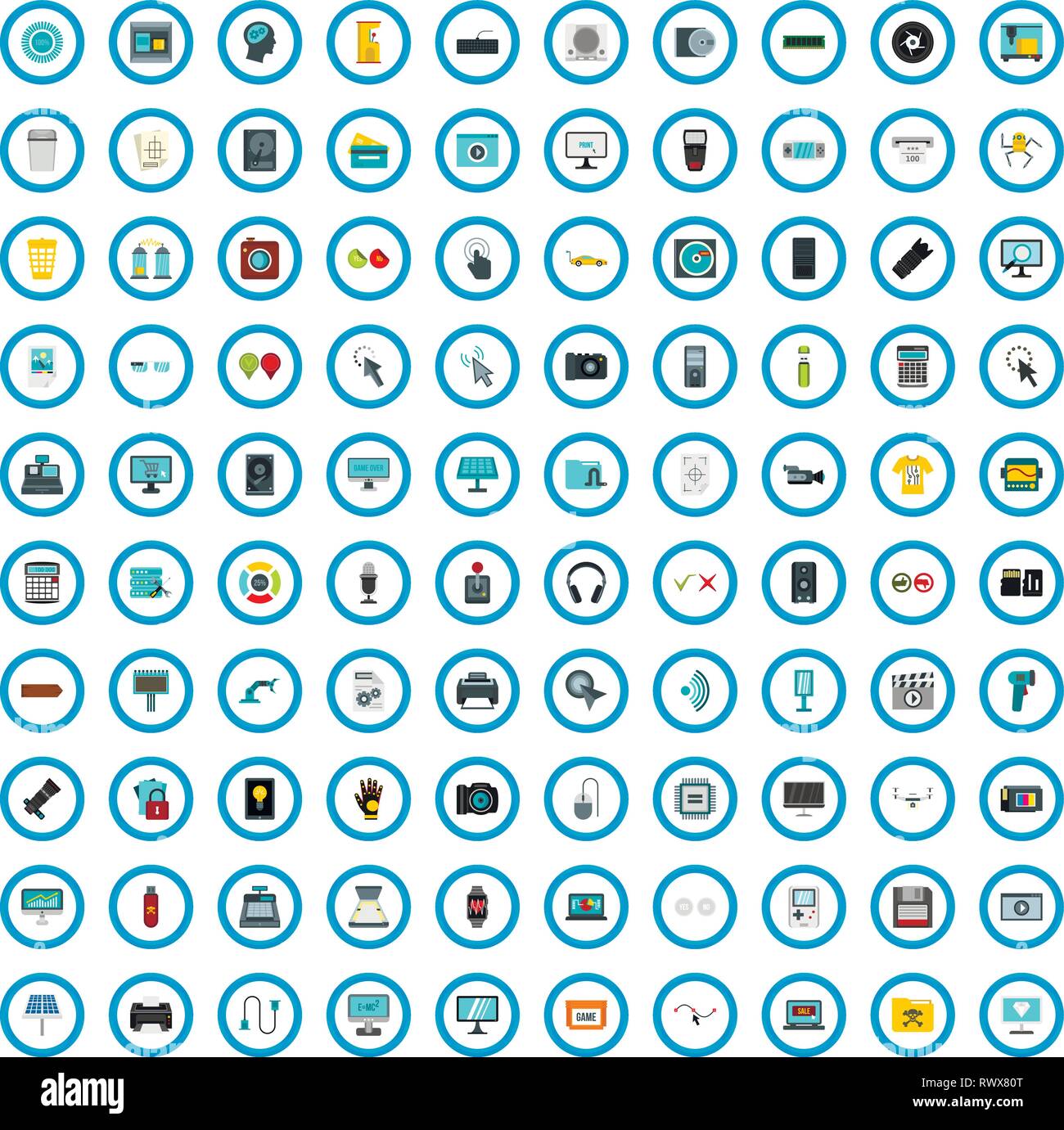 100 digital icons set, flat style Stock Vector