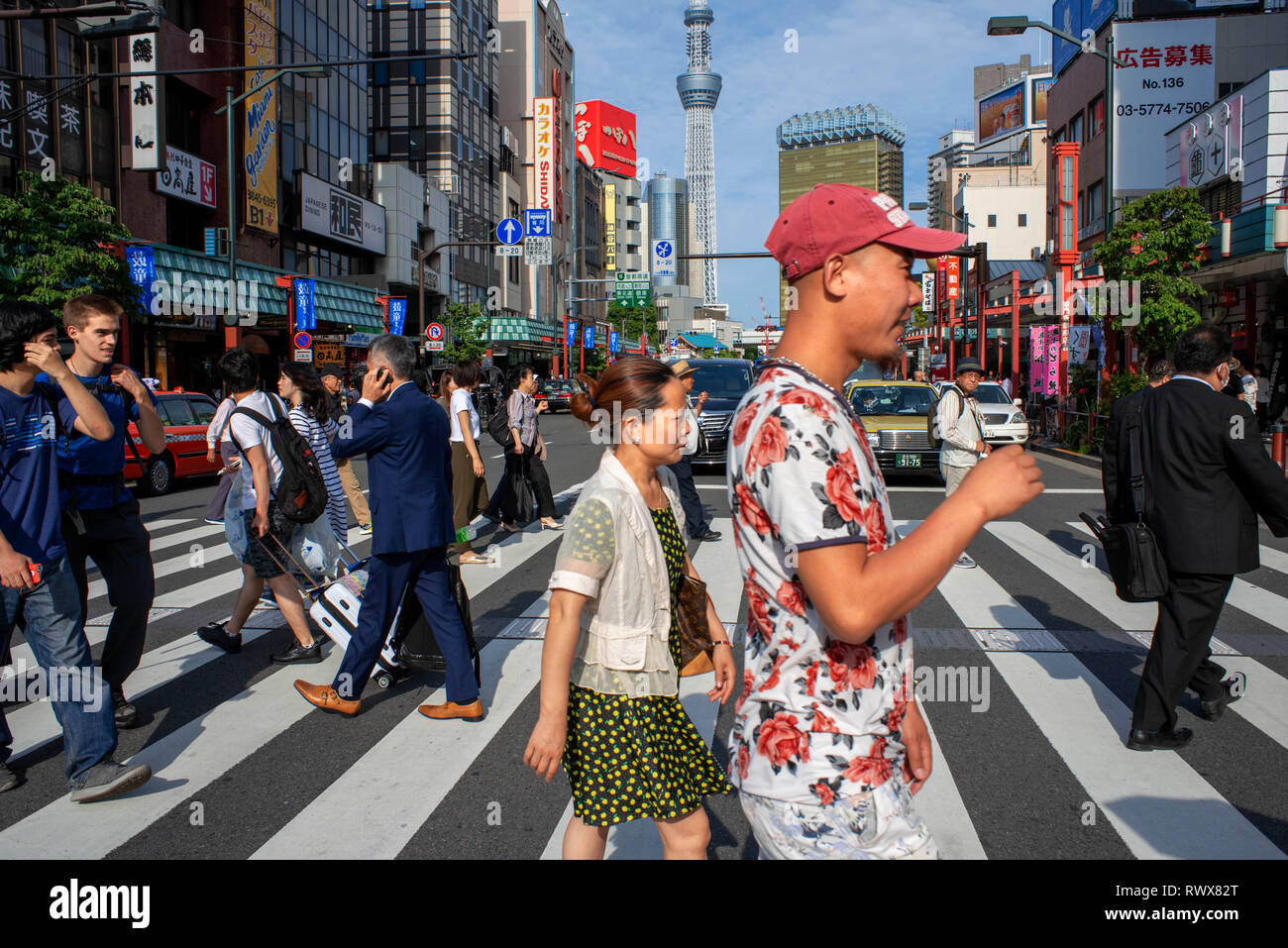 Skytree tower and Asakusa district, Tokyo, Japan, Asia. Street, road, buildings, city traffic, modern urban life, world cities Stock Photo