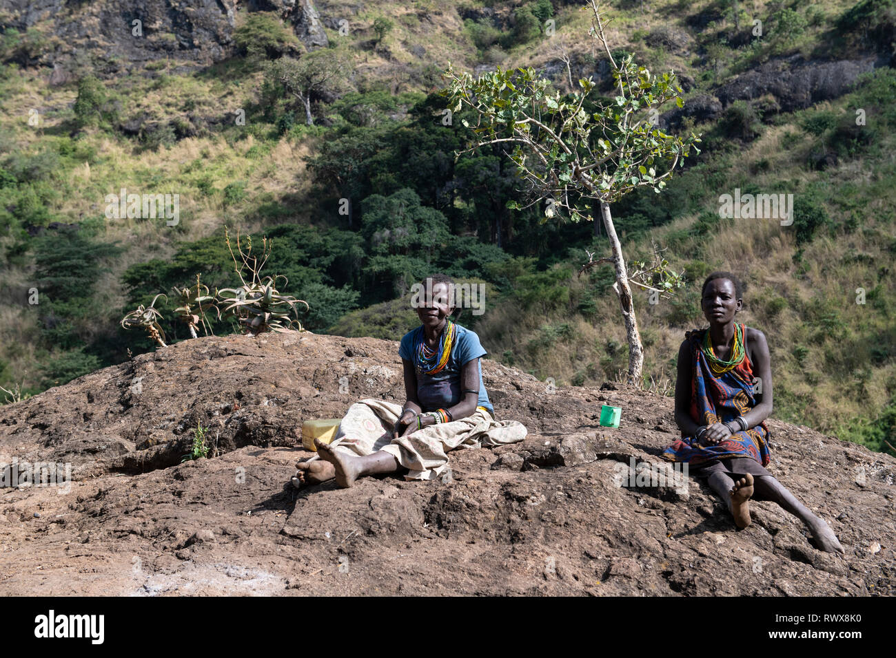 Women in Karamojong highland village on Mount Moroto, northern Uganda Stock Photo
