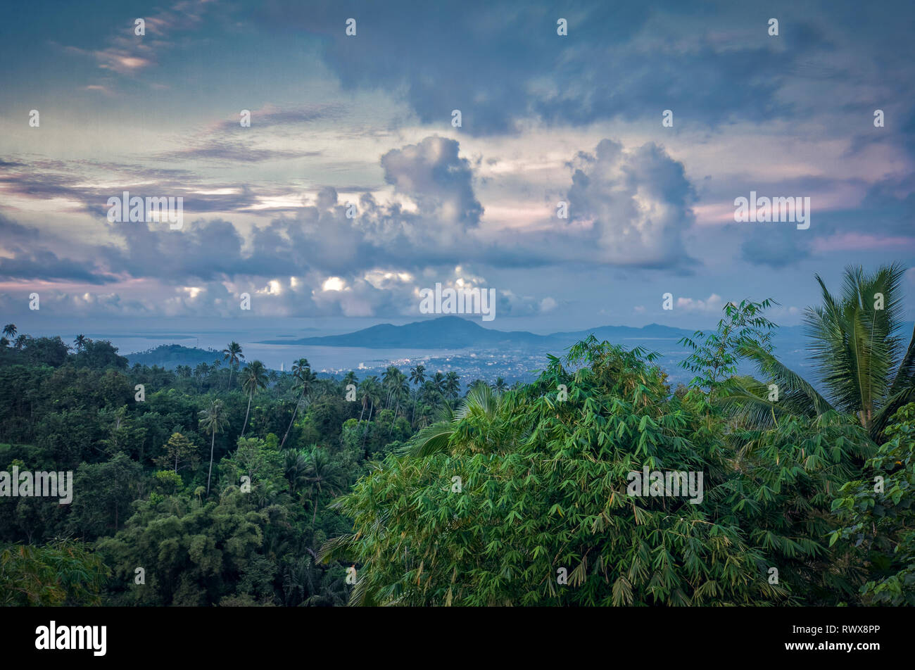 Late afternoon view of Manado bay from Airmadidi, on the road to Tomohon. Stock Photo
