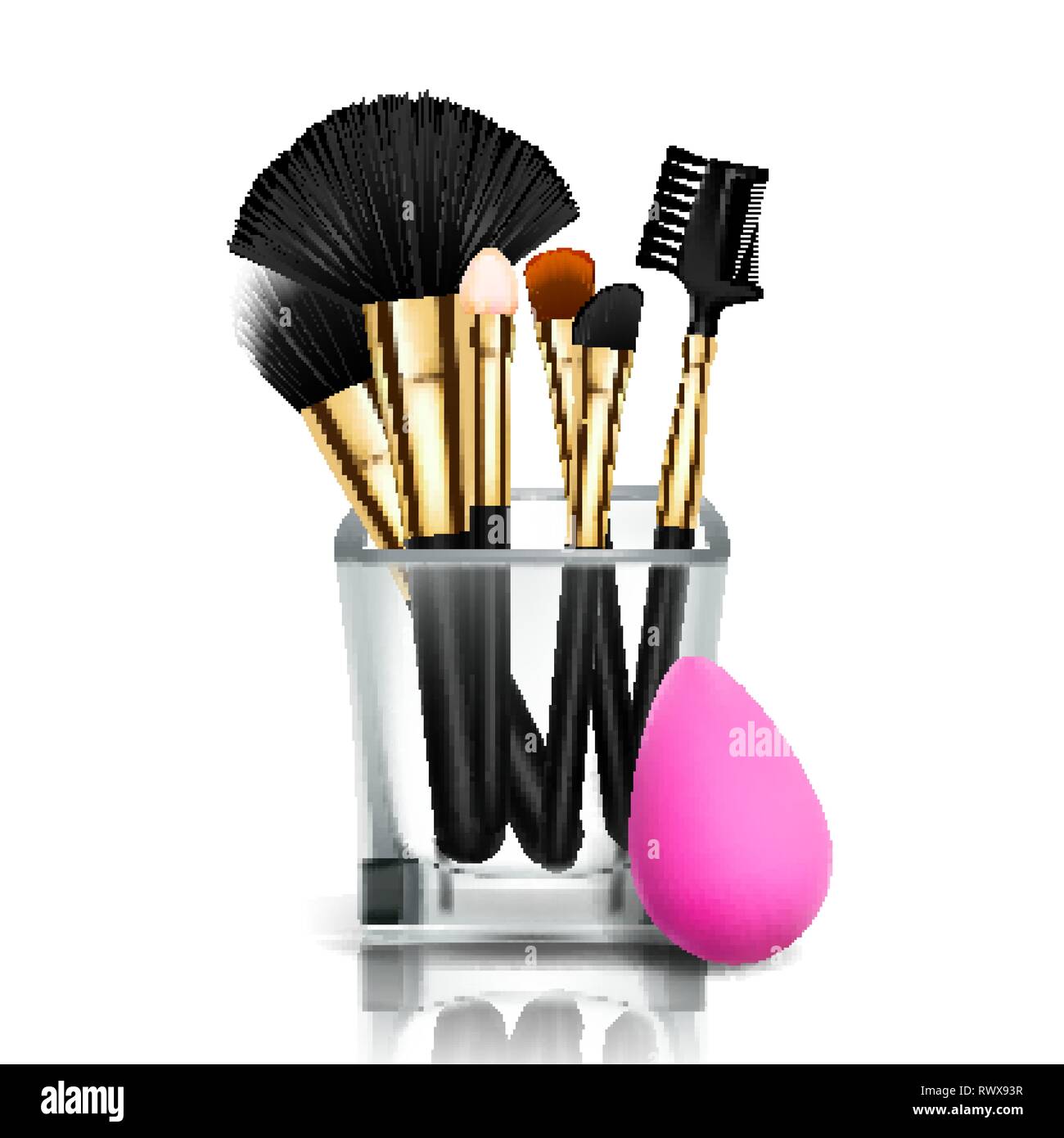 Makeup Brush Holder Vector. Glass Cup. Female Application. Equipment