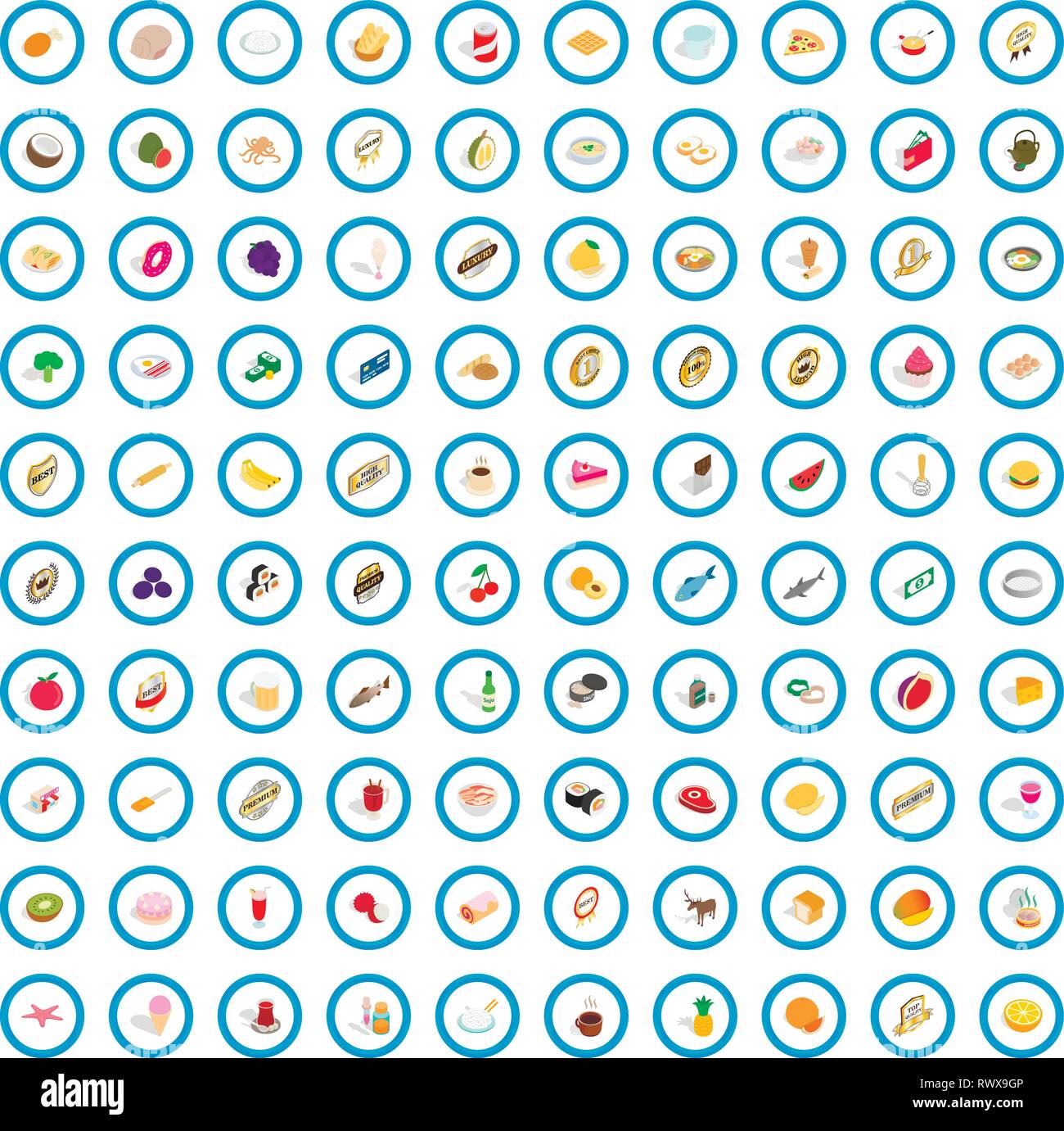 100 dishes icons set, isometric 3d style Stock Vector