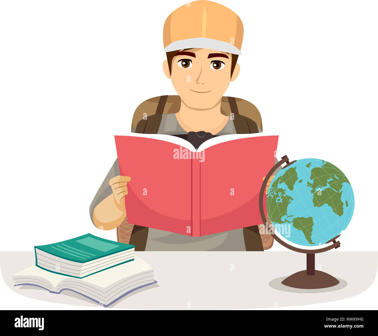 Illustration of a Teenage Guy With Backpack Reading a Book About a Certain Country Stock Photo