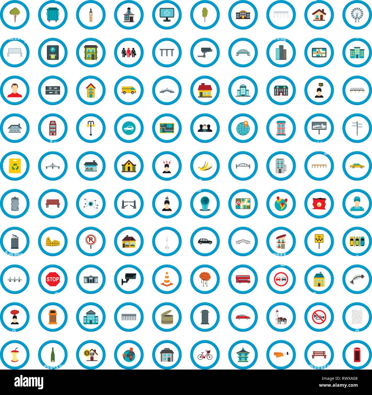 100 district icons set, flat style Stock Vector