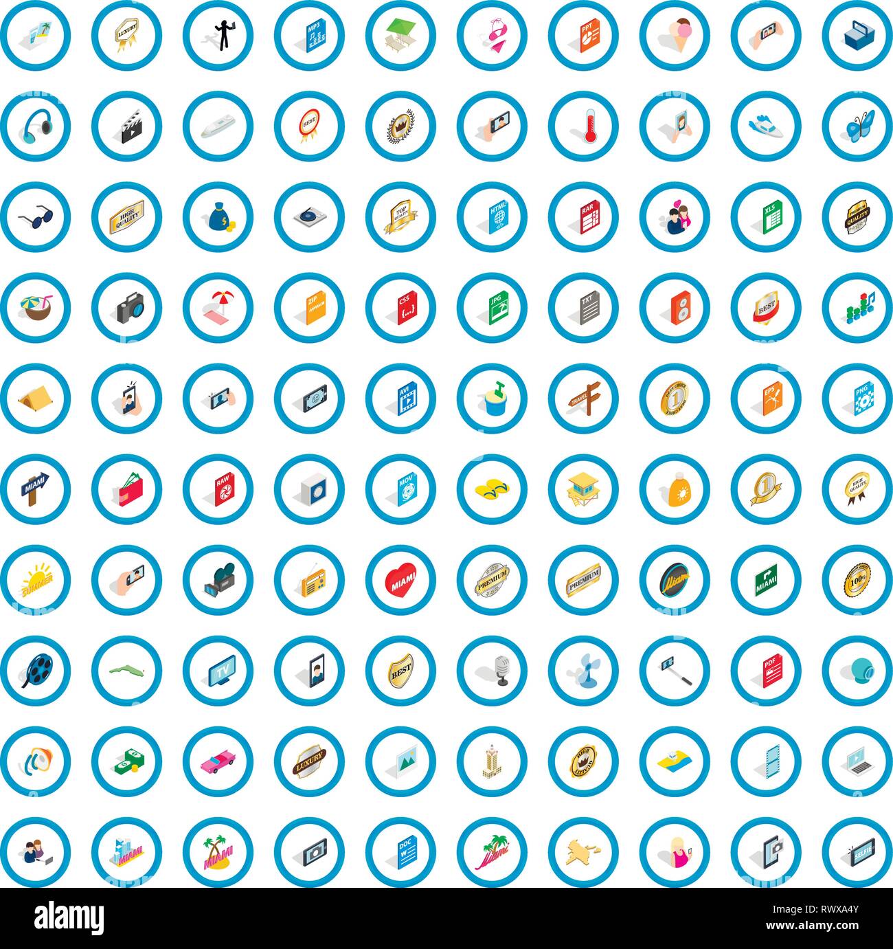 100 dj icons set, isometric 3d style Stock Vector