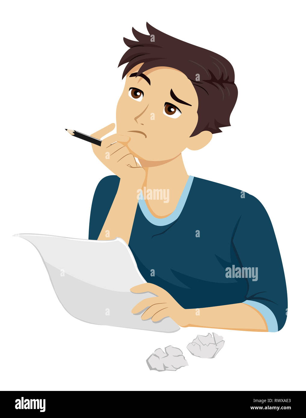 Illustration of a Teenage Guy Holding Pen and Paper Thinking of