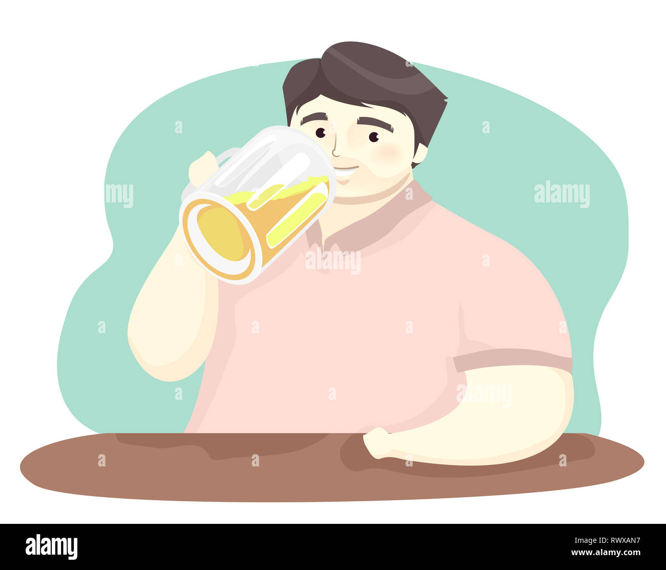 Illustration of a Fat Man Drinking a Big Mug of Beer Stock Photo