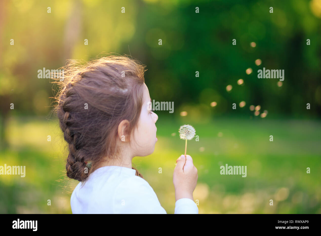 Cute little girl with dandelion flower is smiling in spring park. Happy cute kid having fun outdoors at sunset. Stock Photo