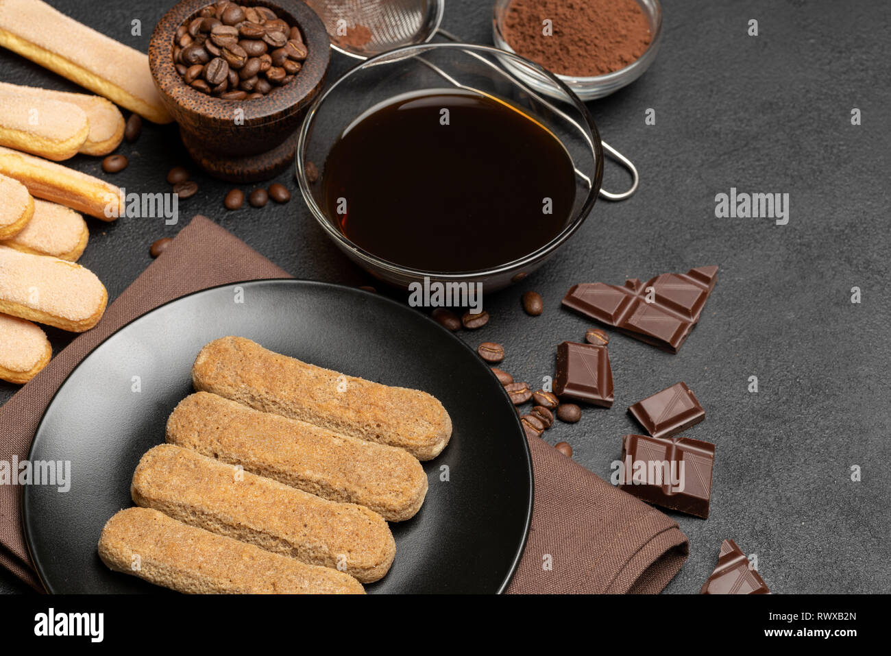 Tiramisu cake cooking Italian Savoiardi ladyfingers Biscuits and