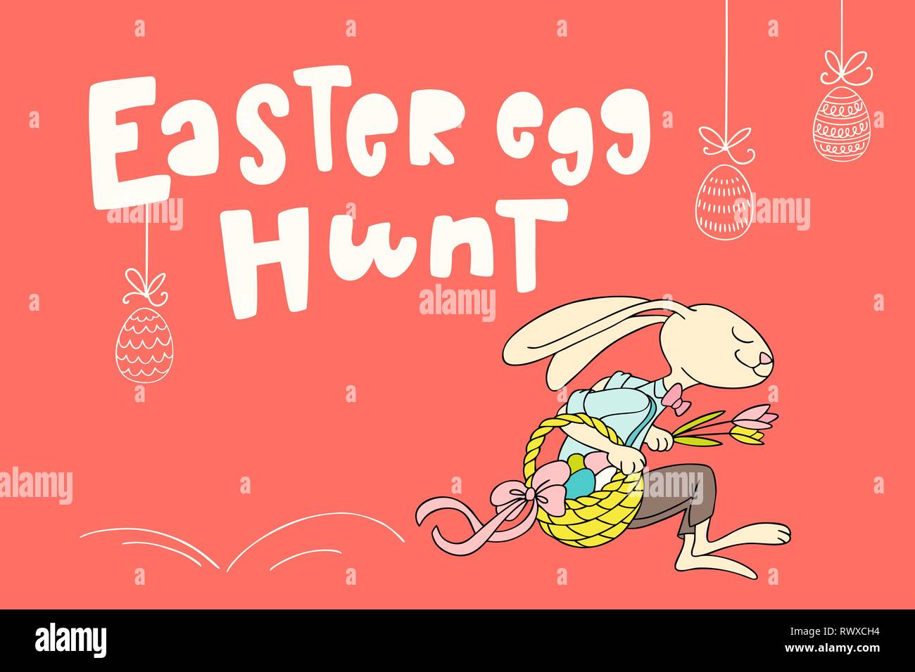 Easter rabbit is jumping with flowers and basket full of decorated eggs, and handwritten text Easter Egg Hunt. The concept of Christian spring holiday Stock Vector