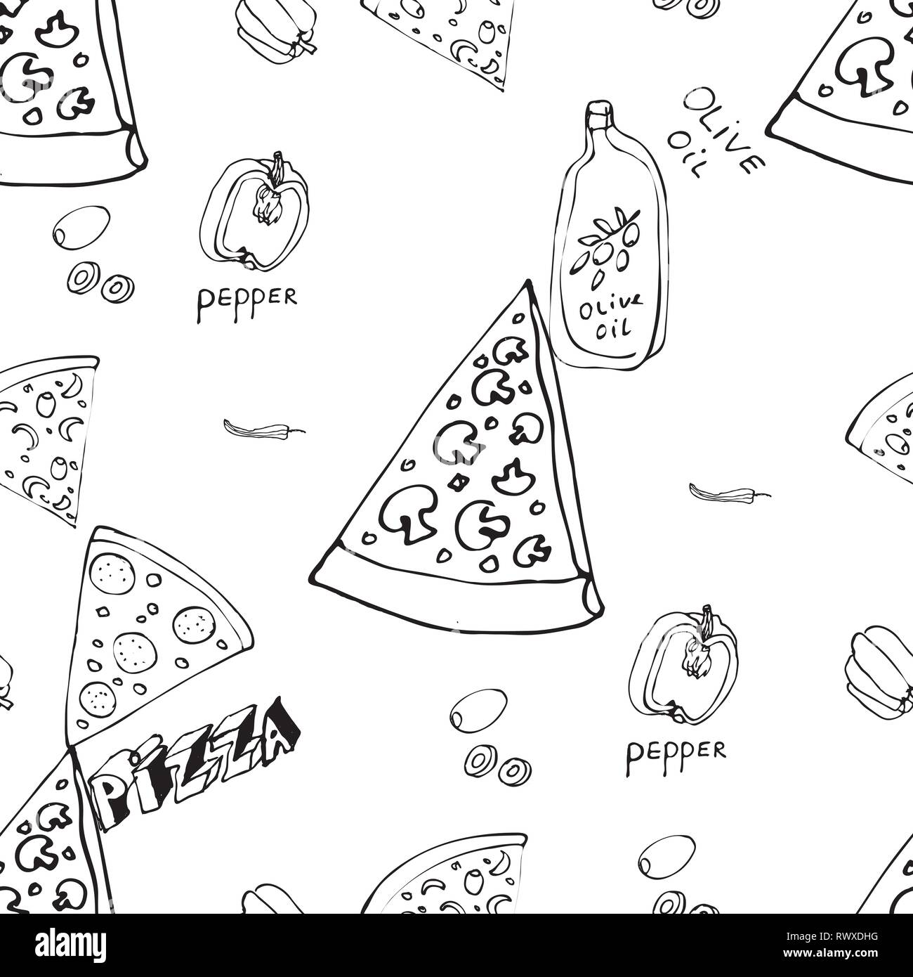 Seamless pattern with hand drawn pizza slices. Vector black and white