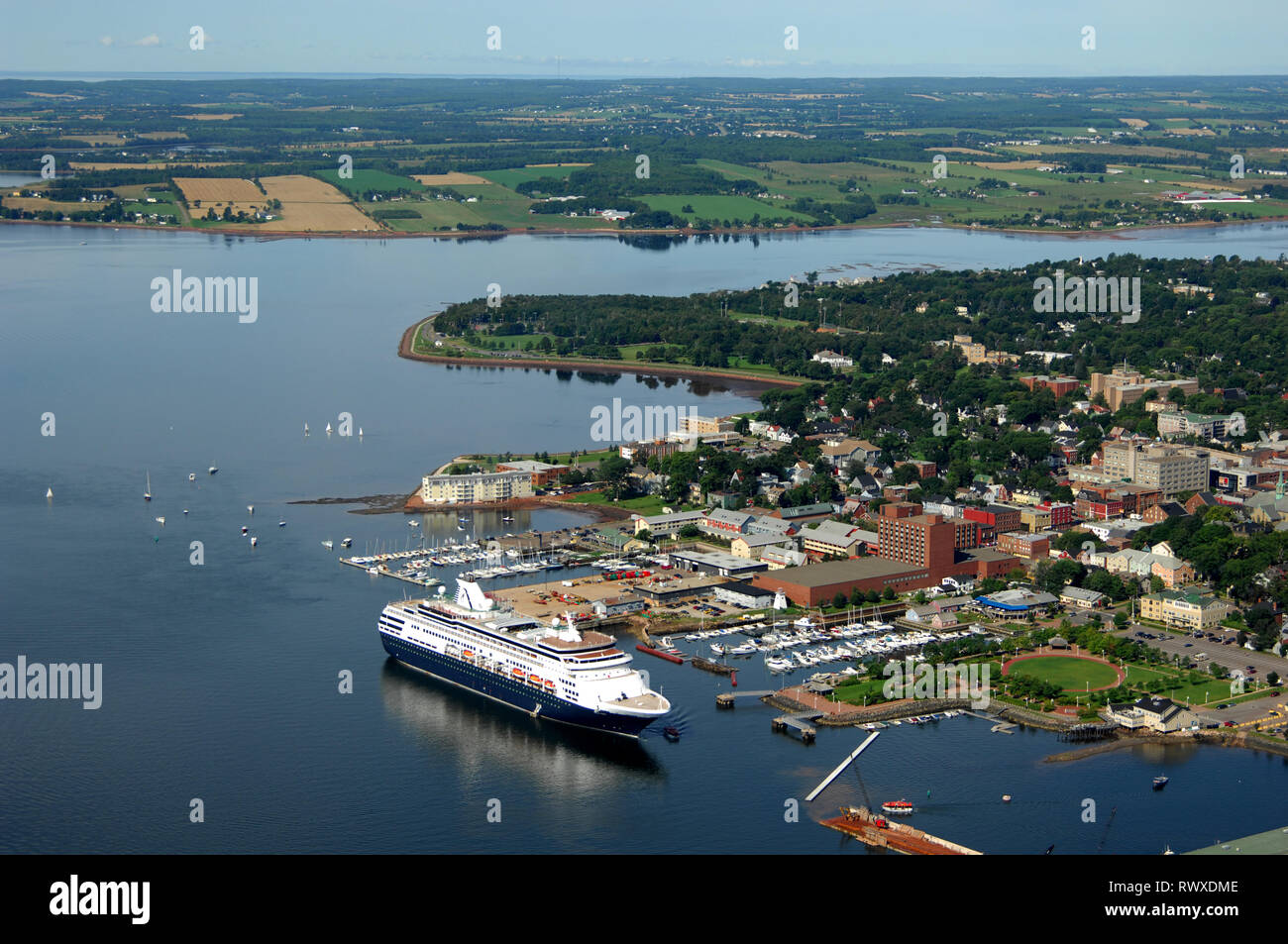 aerial, cruise ship 'Maasdam', waterfront, Charlottetown, PEI Stock
