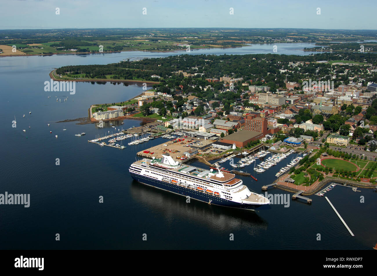 aerial, cruise ship 'Maasdam', waterfront, Charlottetown, PEI Stock