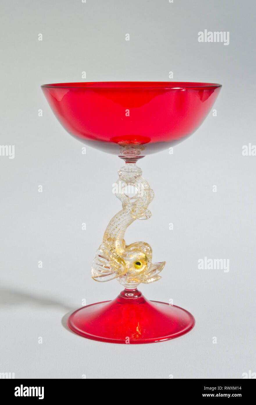 Murano Salviati Glass Tazza / Comport with Aventurine Dolphin Stem