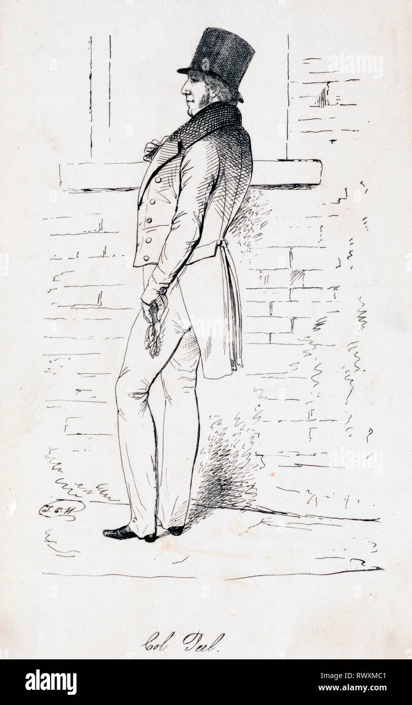 1838 black and white print of a man, facing left, leaning against a