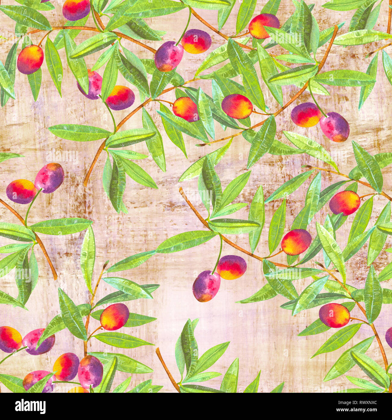 A seamless watercolor pattern of vibrant olive tree branches with ...