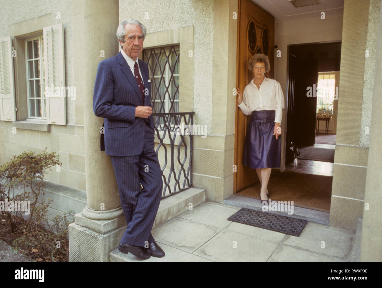 Åke Senning Swedish cardiac surgeon who implanted the first human implantable cardiac pacemaker.with wife outside his residence in Zürich Switzerland Stock Photo