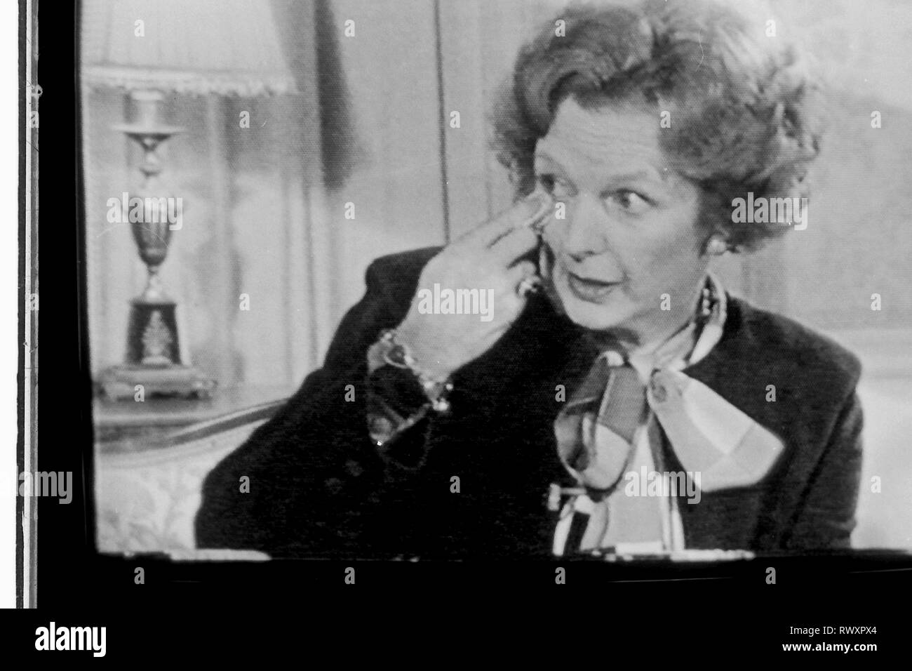 Mrs Thatcher crying on tv 1985 Stock Photo Alamy