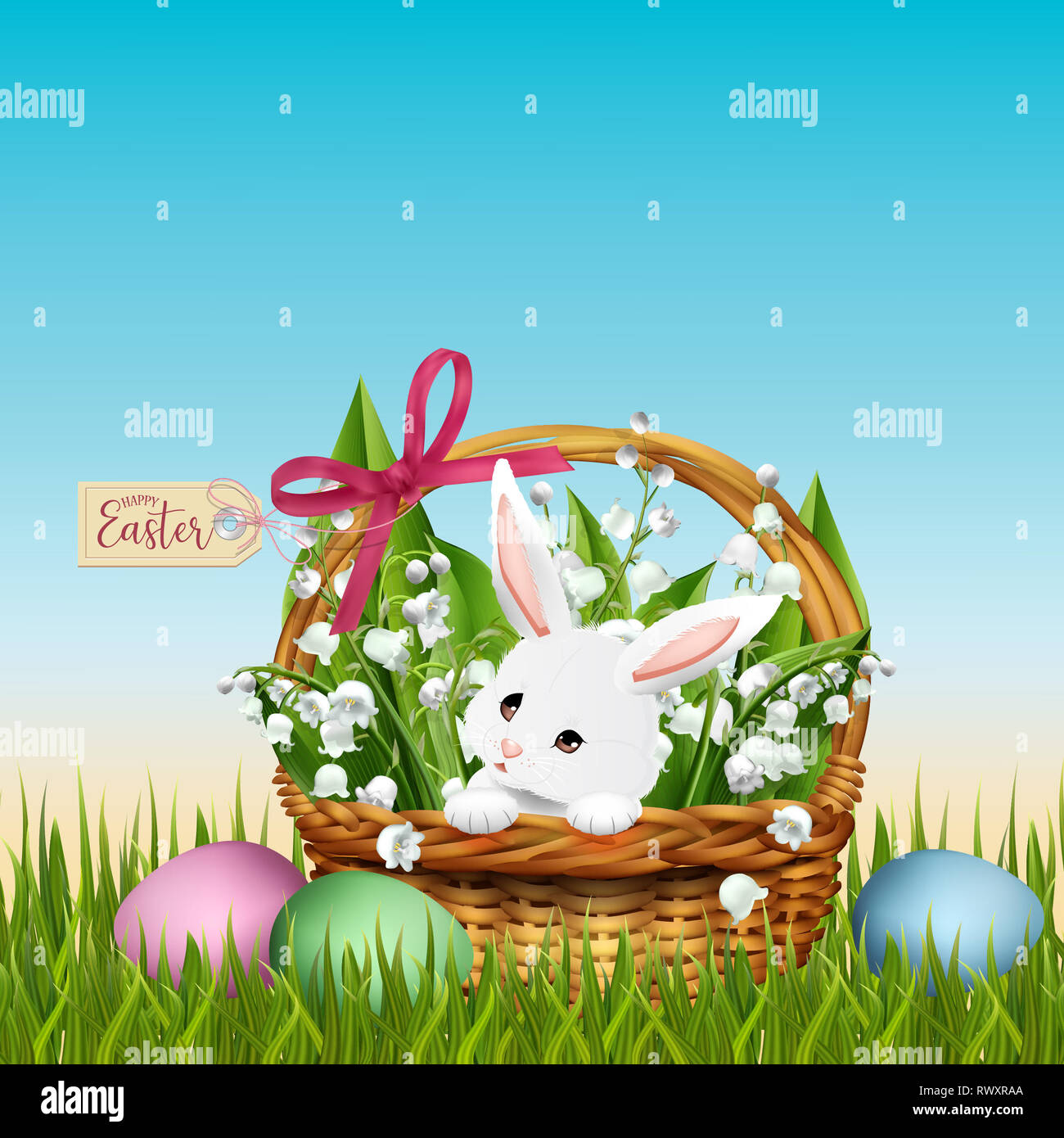 White rabbit in Easter wicker basket with colorful eggs and Lilly of ...